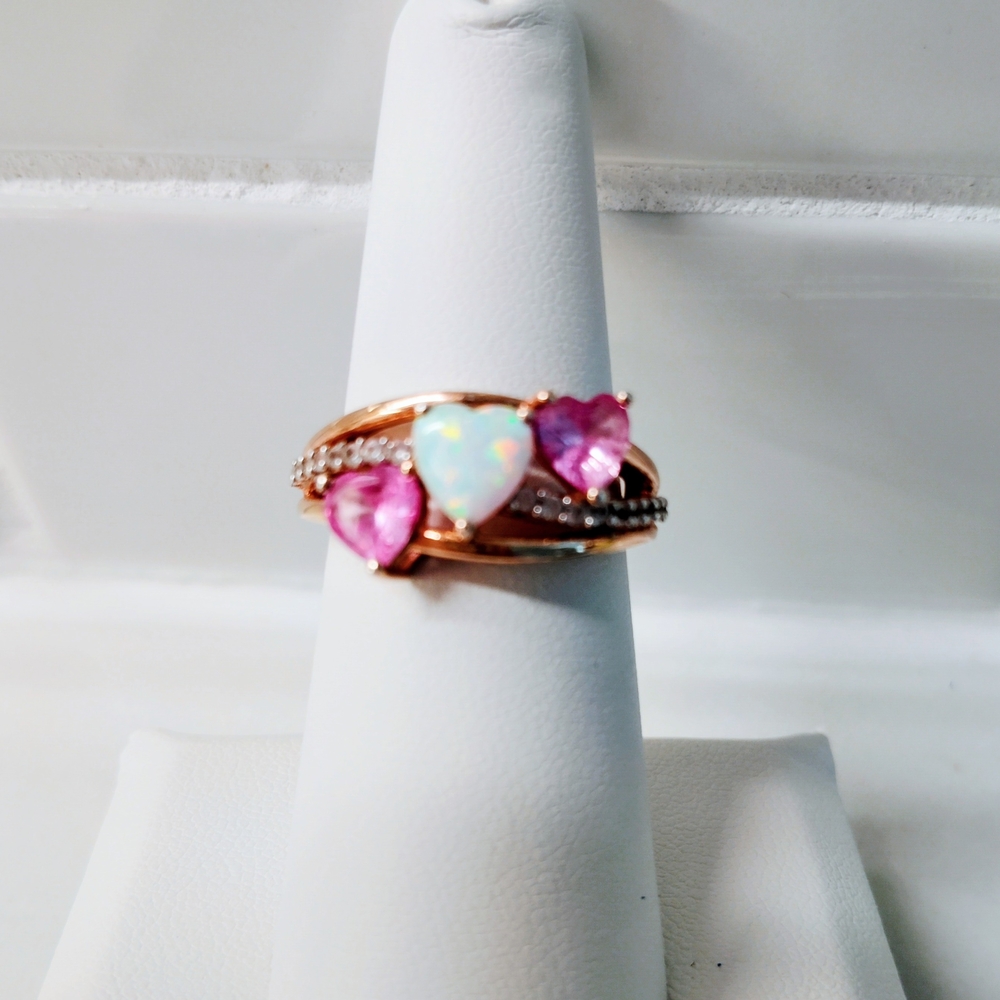 Vermeil Rose Gold Over 925 Sterling Pink Heart Ring with Opal Accent Size 7 - Picture 2 of 5